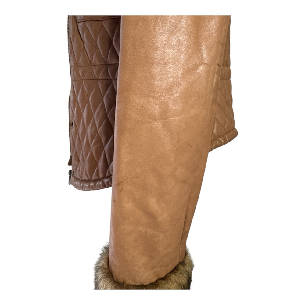 Arden B 100% Leather Quilted Faux Fur Trim Jacket Size L Camel Brown Y2K - Picture 4 of 9